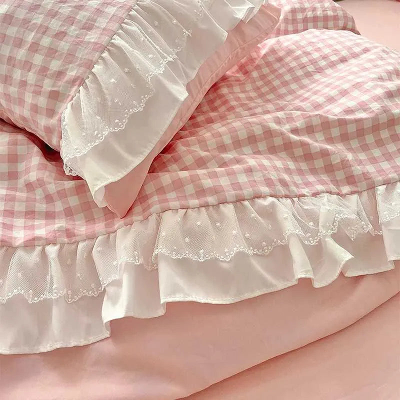 Korean Princess Style Lattice Double Layer Lace Bedding Set Soft Quilt Cover Plaid Style Duvet Covers Set Bed Sheet Casesc250122