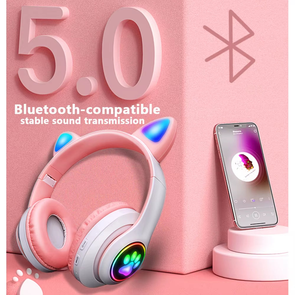 Pink Cute Cat Ears Wireless Headphone Bluetooth-Compatible Headset Stereo Foldable Earphone with Microphone Music Kid Girl Gift
