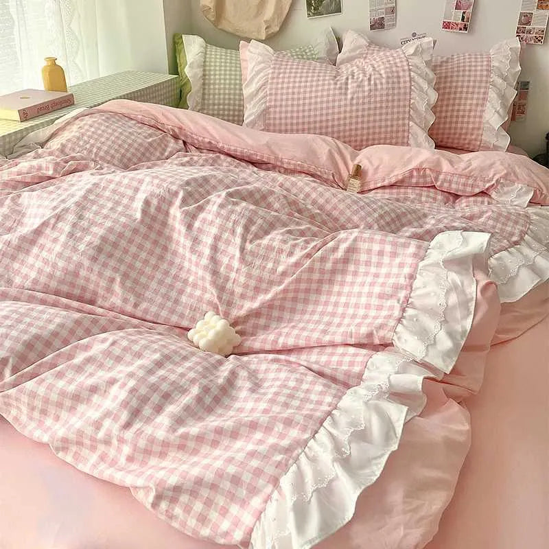 Korean Princess Style Lattice Double Layer Lace Bedding Set Soft Quilt Cover Plaid Style Duvet Covers Set Bed Sheet Casesc250122