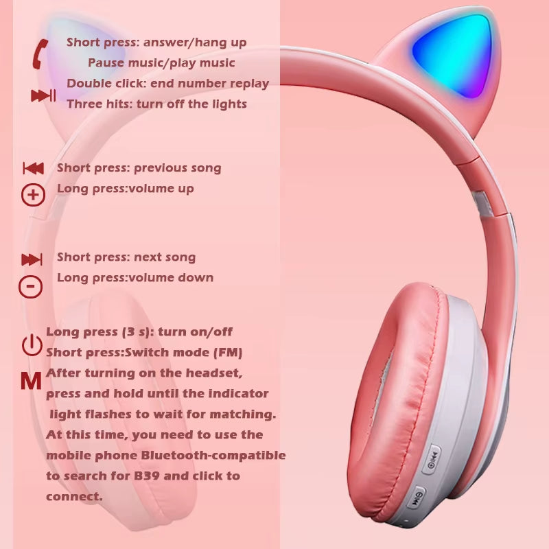 Pink Cute Cat Ears Wireless Headphone Bluetooth-Compatible Headset Stereo Foldable Earphone with Microphone Music Kid Girl Gift