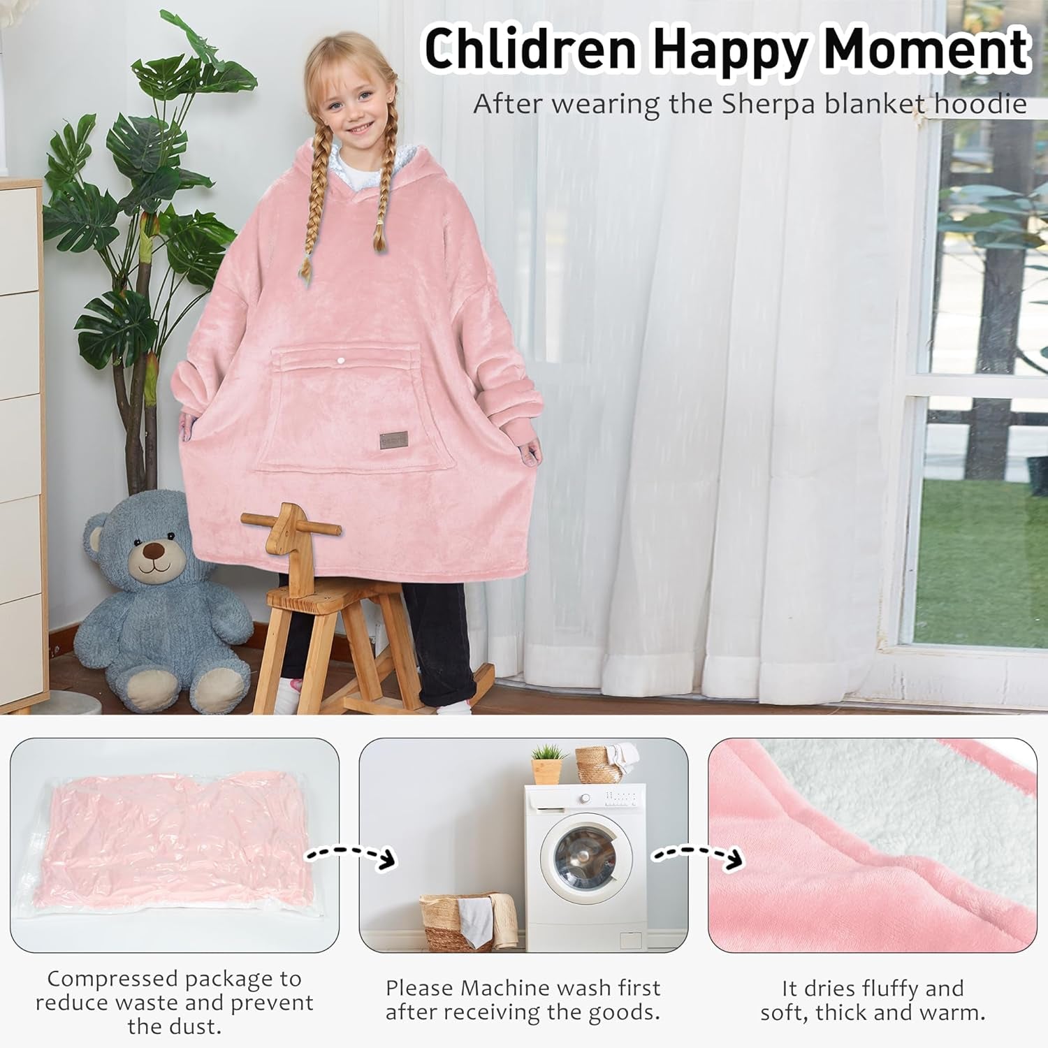 Wearable Blanket Hoodie for Kids - Warm Soft Gift, Oversized Cozy Sherpa Fleece Sweatshirt Pullover for Teens, Girls, Boys, Large Pocket, Pink